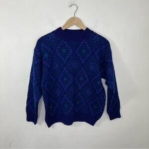 Nomadic Traders 100% Wool Vintage Purple Green Geometric Sweater Size Small